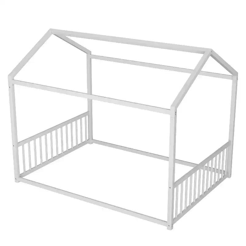 Full Size Metal Floor Bed Frame with House Shape and Guardrails, Montessori Style for Kids