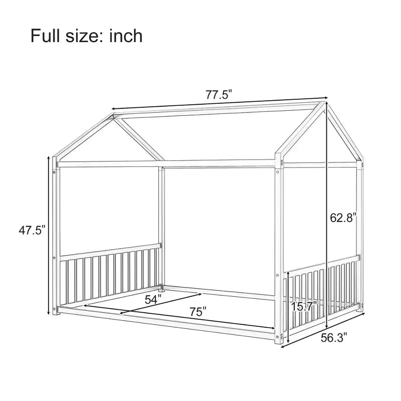 Full Size Metal Floor Bed Frame with House Shape and Guardrails, Montessori Style for Kids