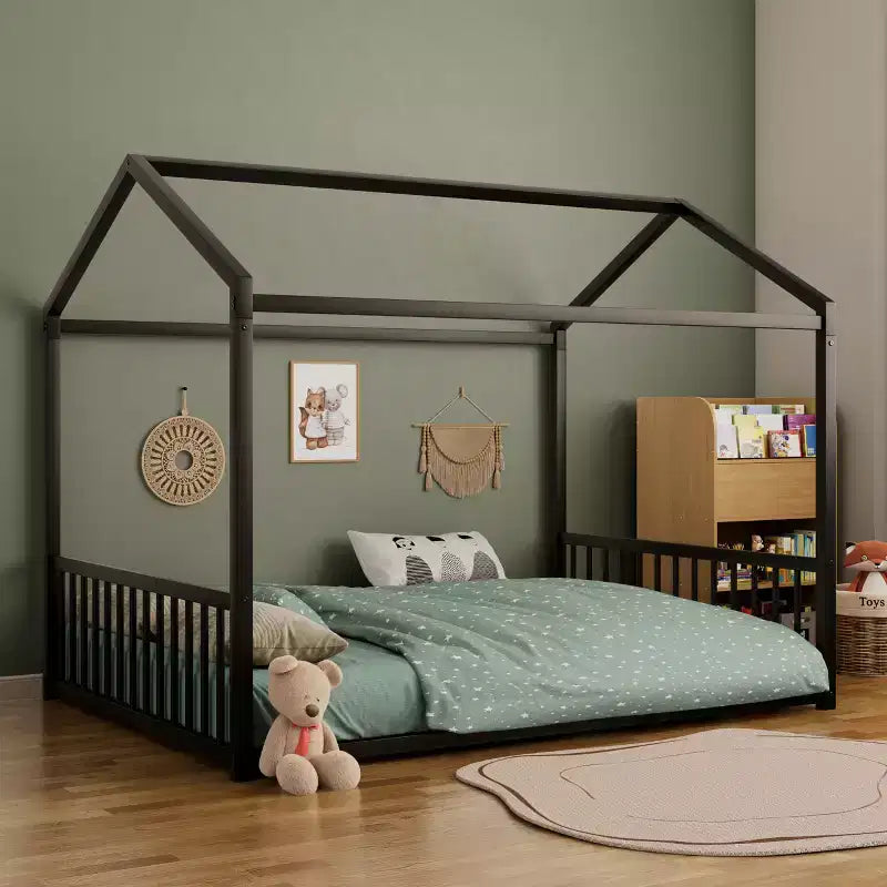 Full Size Metal Floor Bed Frame with House Shape and Guardrails, Montessori Style for Kids