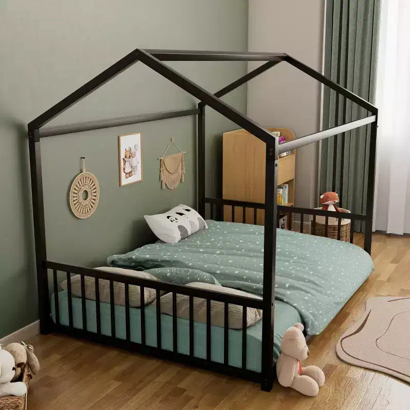Full Size Metal Floor Bed Frame with House Shape and Guardrails, Montessori Style for Kids