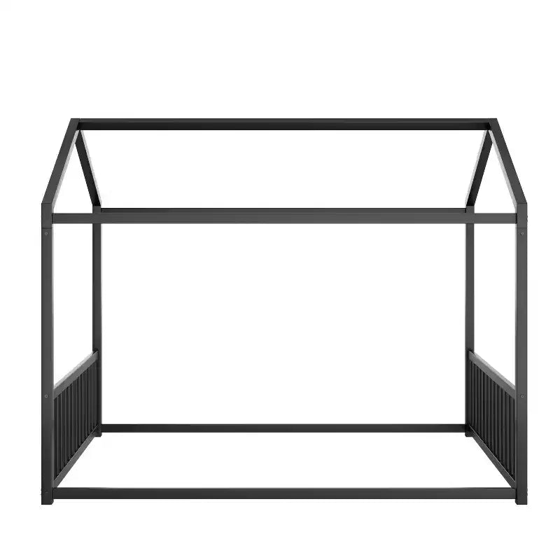 Full Size Metal Floor Bed Frame with House Shape and Guardrails, Montessori Style for Kids