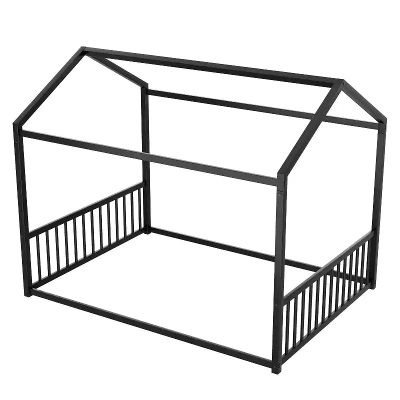 Full Size Metal Floor Bed Frame with House Shape and Guardrails, Montessori Style for Kids