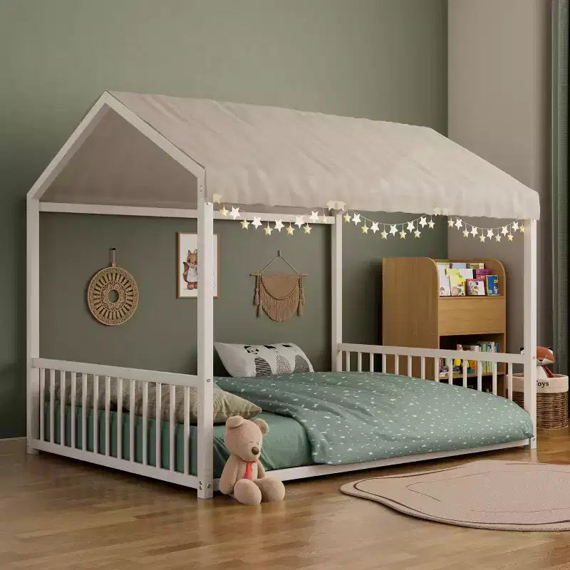 Full Size Metal Floor Bed Frame with House Shape and Guardrails, Montessori Style for Kids