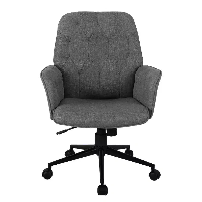 Modern Home Office Desk Chair, Upholstered Tufted Vanity Chair with Arms and Wheels, 360 Swivel Chair for Reading Room, Study, Gray