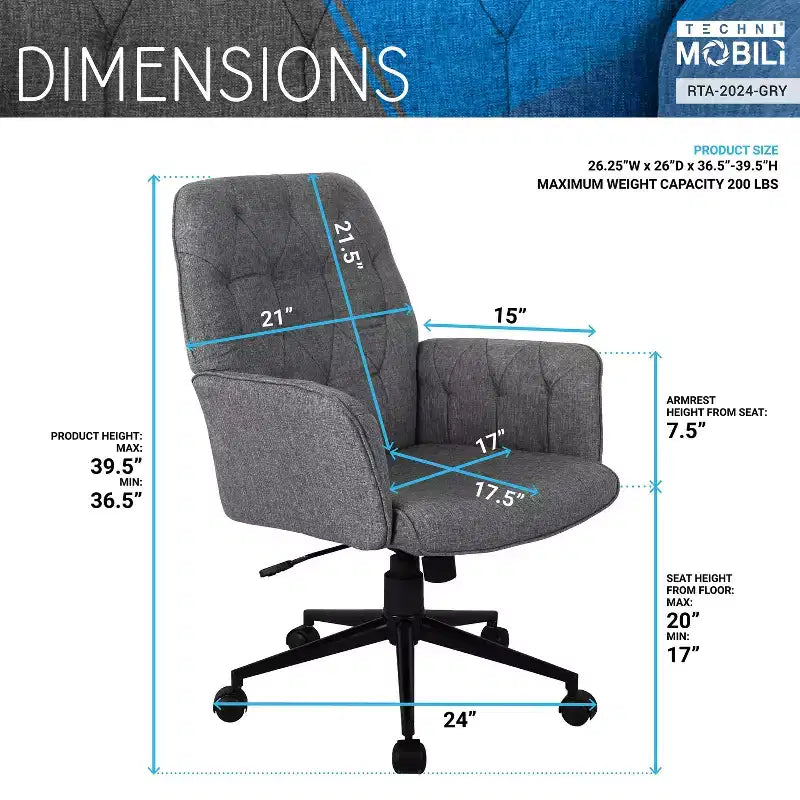 Modern Home Office Desk Chair, Upholstered Tufted Vanity Chair with Arms and Wheels, 360 Swivel Chair for Reading Room, Study, Gray
