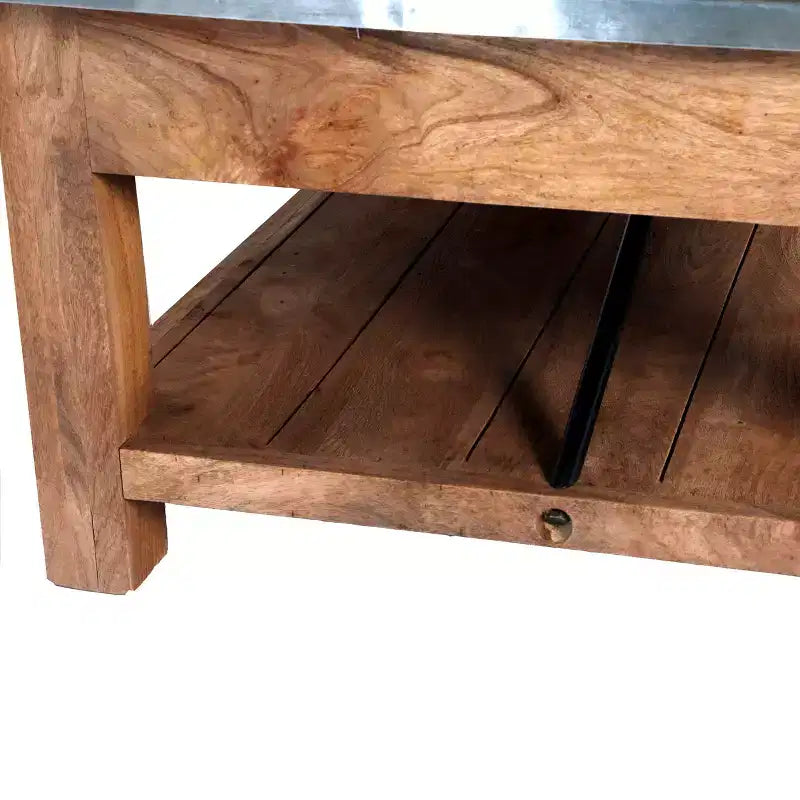 Millwork 48 in. Coffee Table with Lower Shelf, Modern Industrial Style with Silver Zinc Metal Tabletop and Wood Accents