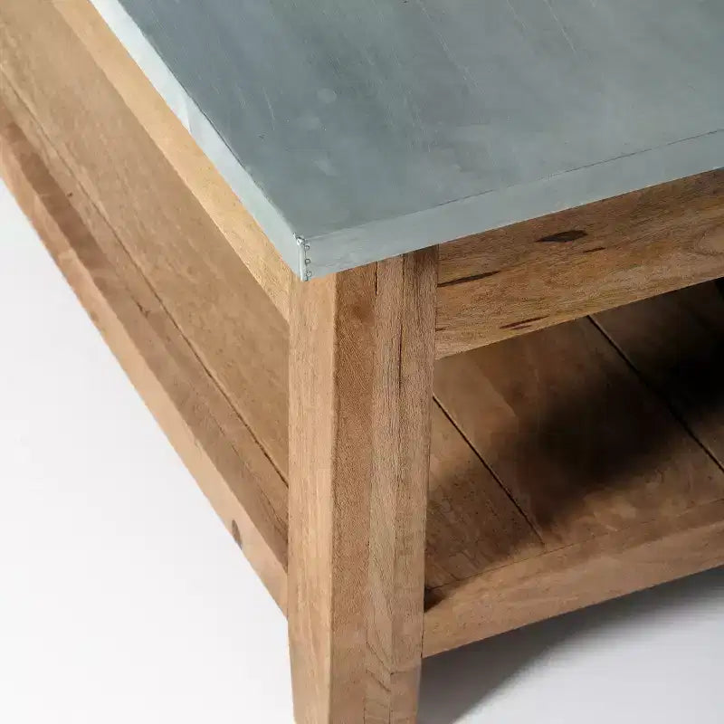 Millwork 48 in. Coffee Table with Lower Shelf, Modern Industrial Style with Silver Zinc Metal Tabletop and Wood Accents
