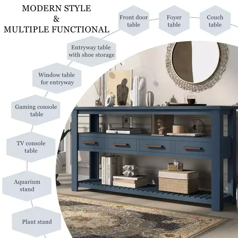 62.2" Narrow Console Table with 2 Shelves and 4 Drawers, Metal Handles, Accent Table for Entryway, Living Room, Black