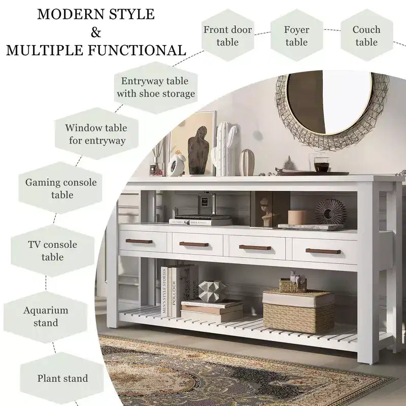 62.2" Narrow Console Table with 2 Shelves and 4 Drawers, Metal Handles, Accent Table for Entryway, Living Room, Black