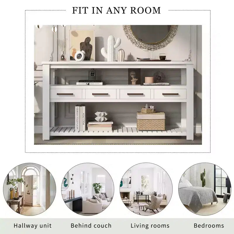 62.2" Narrow Console Table with 2 Shelves and 4 Drawers, Metal Handles, Accent Table for Entryway, Living Room, Black