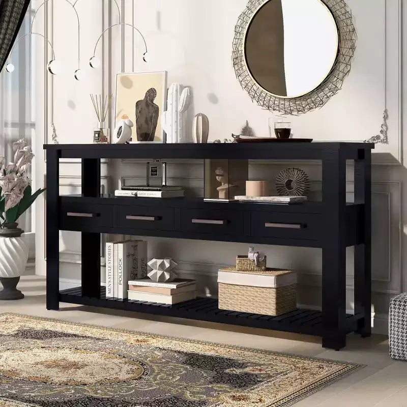62.2" Narrow Console Table with 2 Shelves and 4 Drawers, Metal Handles, Accent Table for Entryway, Living Room, Black