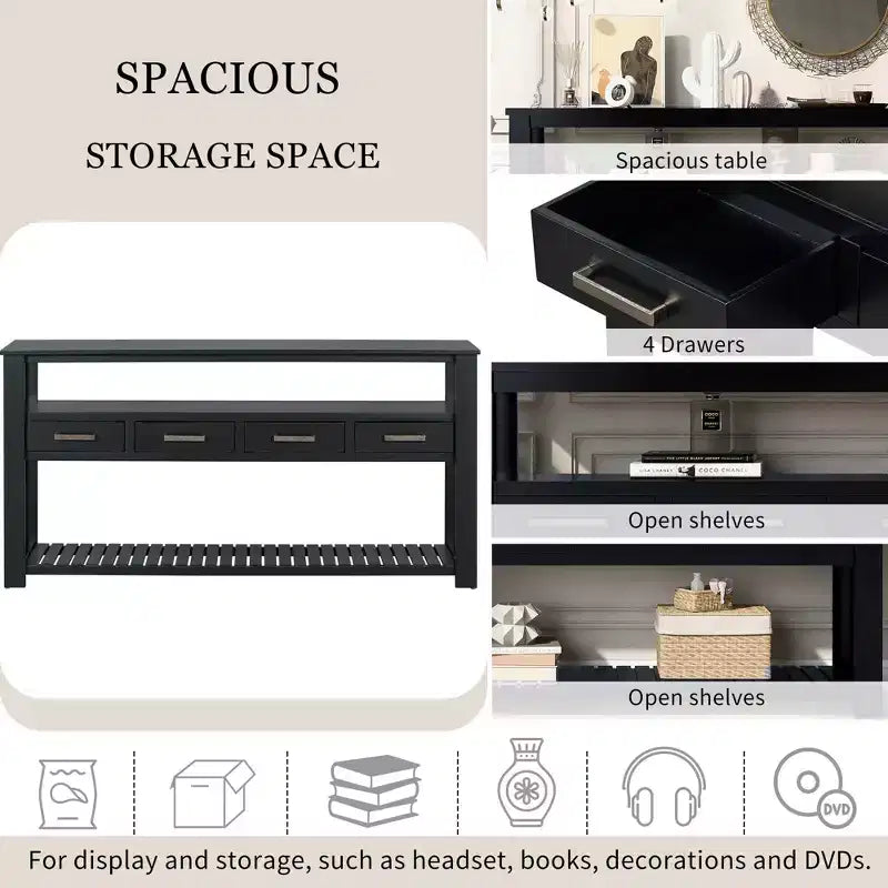 62.2" Narrow Console Table with 2 Shelves and 4 Drawers, Metal Handles, Accent Table for Entryway, Living Room, Black