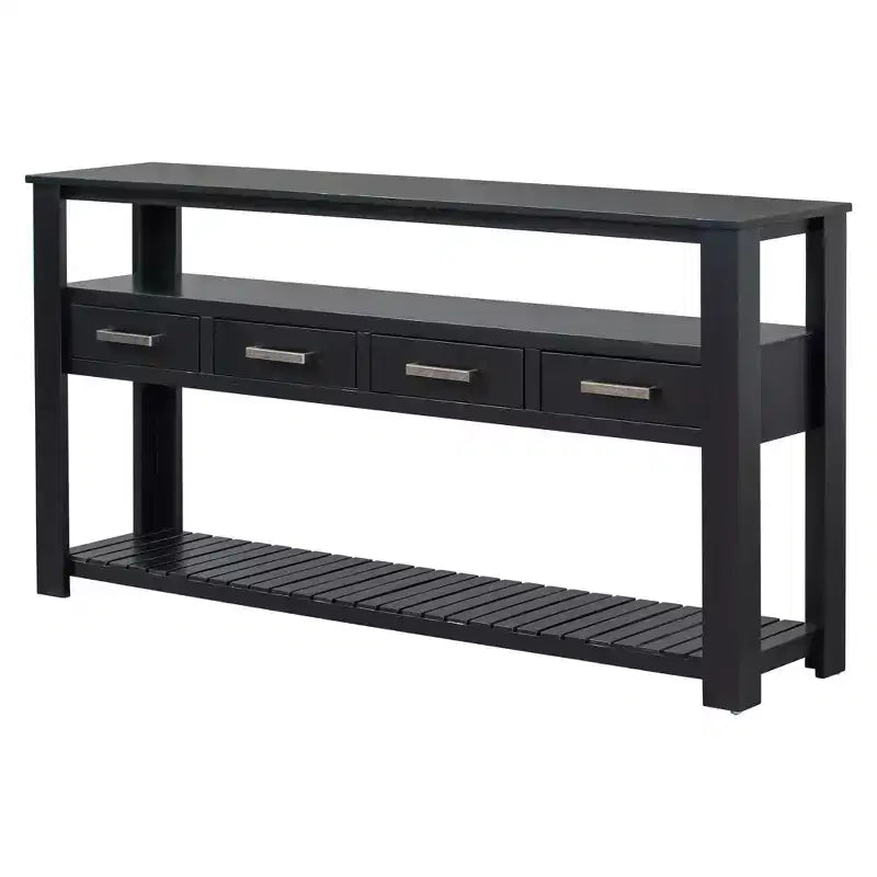 62.2" Narrow Console Table with 2 Shelves and 4 Drawers, Metal Handles, Accent Table for Entryway, Living Room, Black