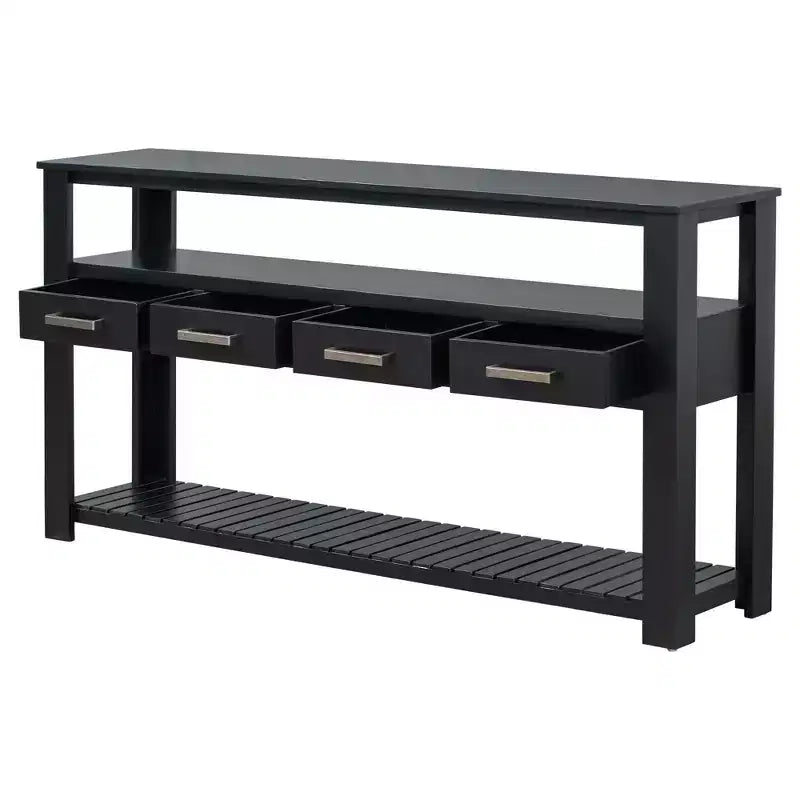 62.2" Narrow Console Table with 2 Shelves and 4 Drawers, Metal Handles, Accent Table for Entryway, Living Room, Black