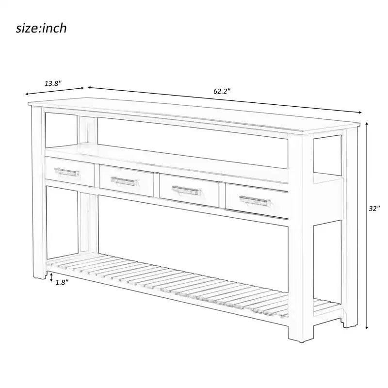 62.2" Narrow Console Table with 2 Shelves and 4 Drawers, Metal Handles, Accent Table for Entryway, Living Room, Black