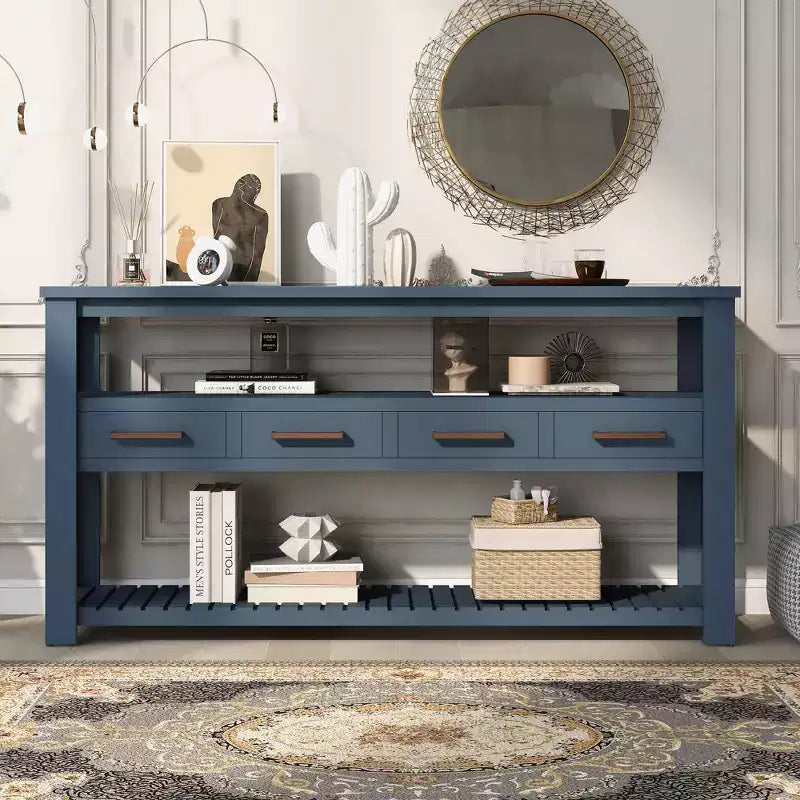 62.2" Narrow Console Table with 2 Shelves and 4 Drawers, Metal Handles, Accent Table for Entryway, Living Room, Black