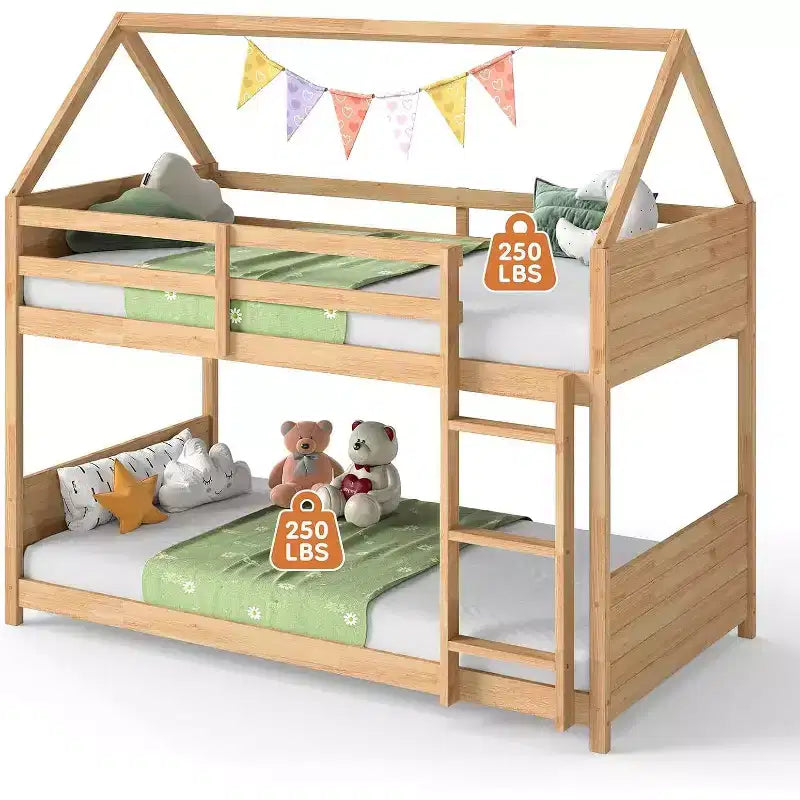 Twin over Twin House Floor Bunk Bed for Kids with Ladder, Full-Length Bed Rail and Slats, White Oak