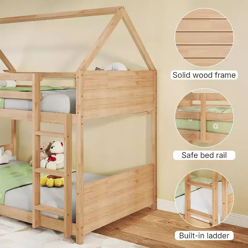 Twin over Twin House Floor Bunk Bed for Kids with Ladder, Full-Length Bed Rail and Slats, White Oak