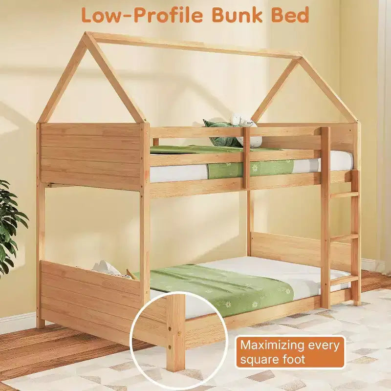 Twin over Twin House Floor Bunk Bed for Kids with Ladder, Full-Length Bed Rail and Slats, White Oak