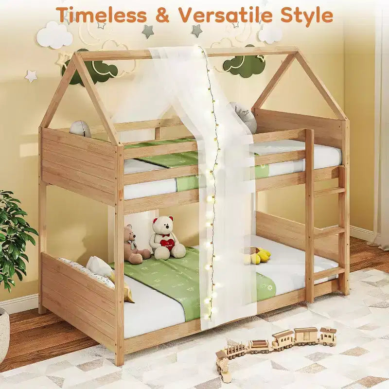 Twin over Twin House Floor Bunk Bed for Kids with Ladder, Full-Length Bed Rail and Slats, White Oak