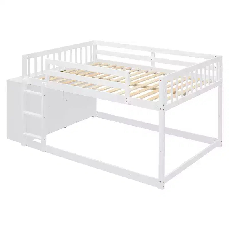 Modern Full over Full Bunk Bed with 4 Drawers and 3 Shelves, Solid Pine Wood