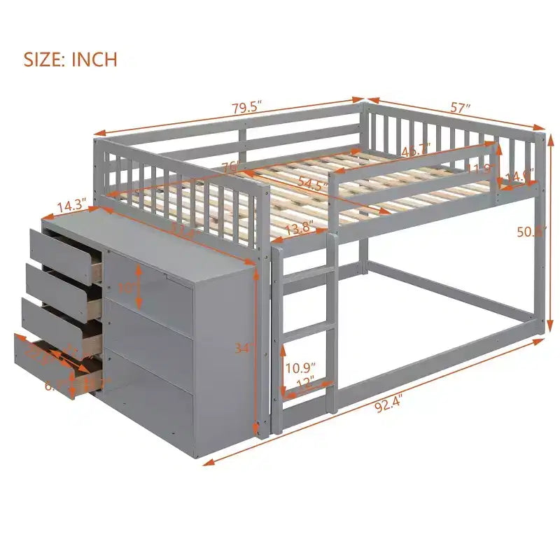 Modern Full over Full Bunk Bed with 4 Drawers and 3 Shelves, Solid Pine Wood
