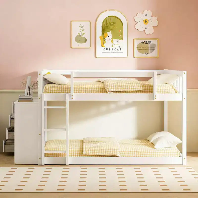 Modern Full over Full Bunk Bed with 4 Drawers and 3 Shelves, Solid Pine Wood