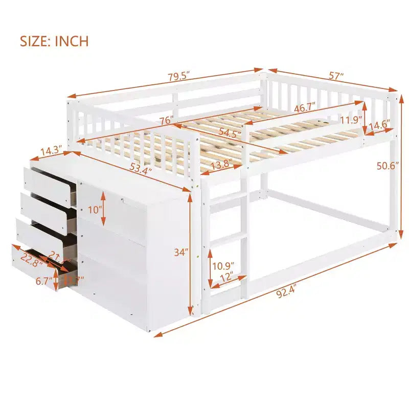 Modern Full over Full Bunk Bed with 4 Drawers and 3 Shelves, Solid Pine Wood