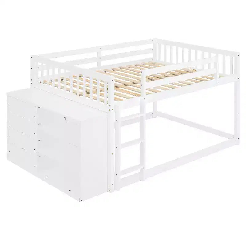 Modern Full over Full Bunk Bed with 4 Drawers and 3 Shelves, Solid Pine Wood