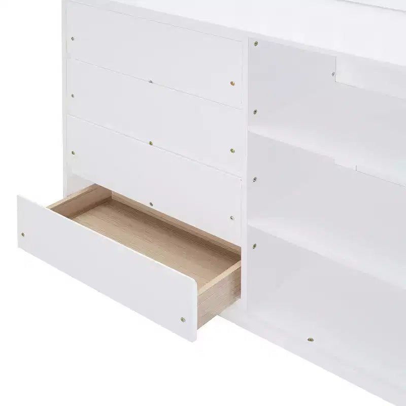 Modern Full over Full Bunk Bed with 4 Drawers and 3 Shelves, Solid Pine Wood