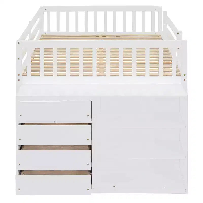 Modern Full over Full Bunk Bed with 4 Drawers and 3 Shelves, Solid Pine Wood