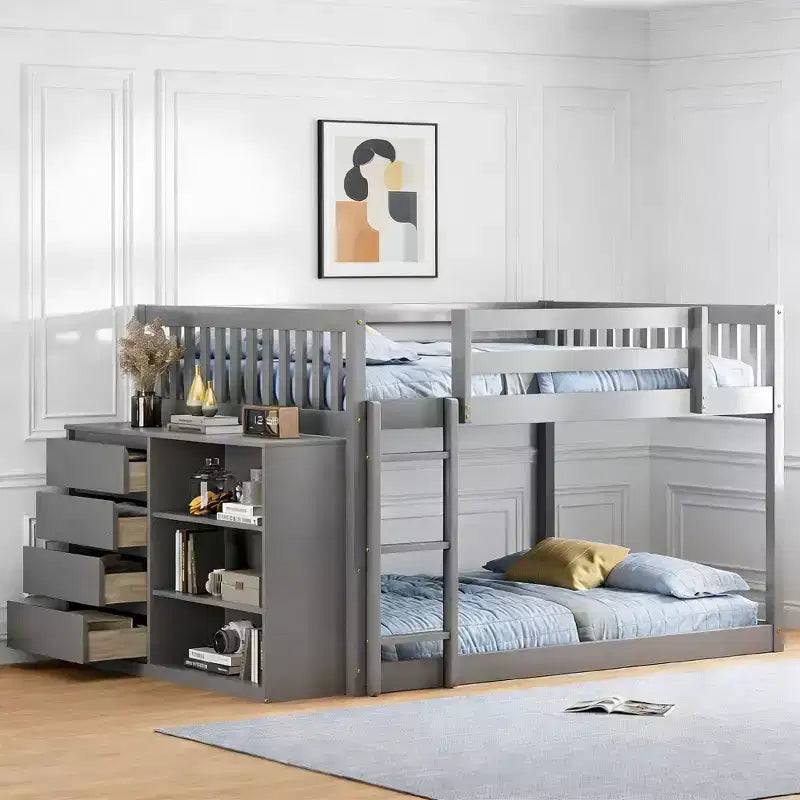 Modern Full over Full Bunk Bed with 4 Drawers and 3 Shelves, Solid Pine Wood