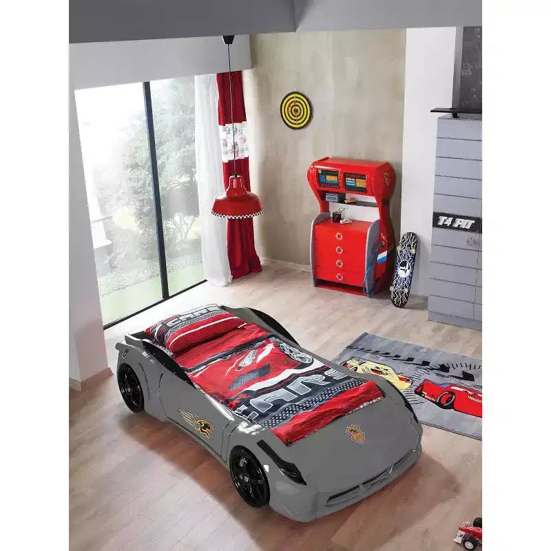 Twin Car Bed Frame for Kids, ABS Construction, No Headboard, Race Car Design