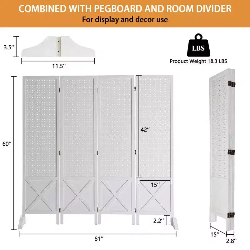 4-Panel Wood Room Divider Privacy Screen, 59.84"H x 59.84"W