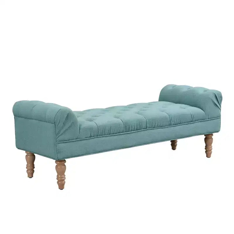 Upholstered Ottoman Bench with Tufted Fabric, Rolled Arms, Gourd Legs and Premium Foam, Easy Assembly