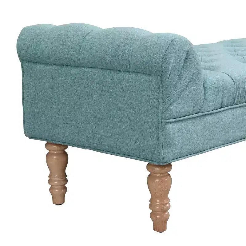 Upholstered Ottoman Bench with Tufted Fabric, Rolled Arms, Gourd Legs and Premium Foam, Easy Assembly