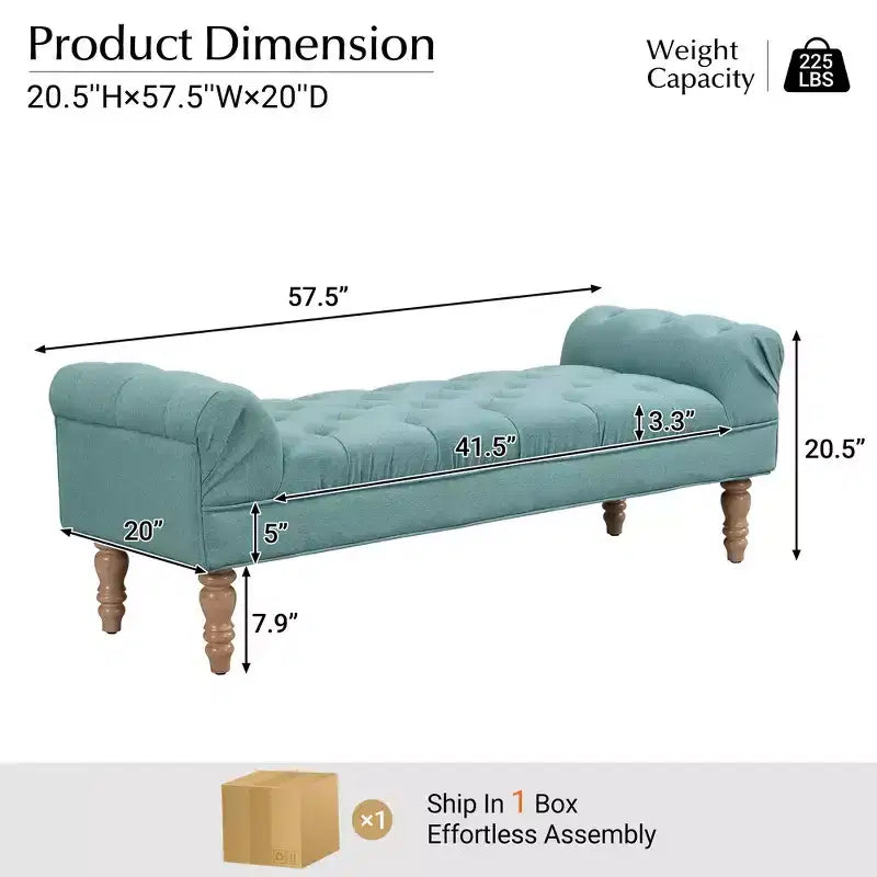 Upholstered Ottoman Bench with Tufted Fabric, Rolled Arms, Gourd Legs and Premium Foam, Easy Assembly