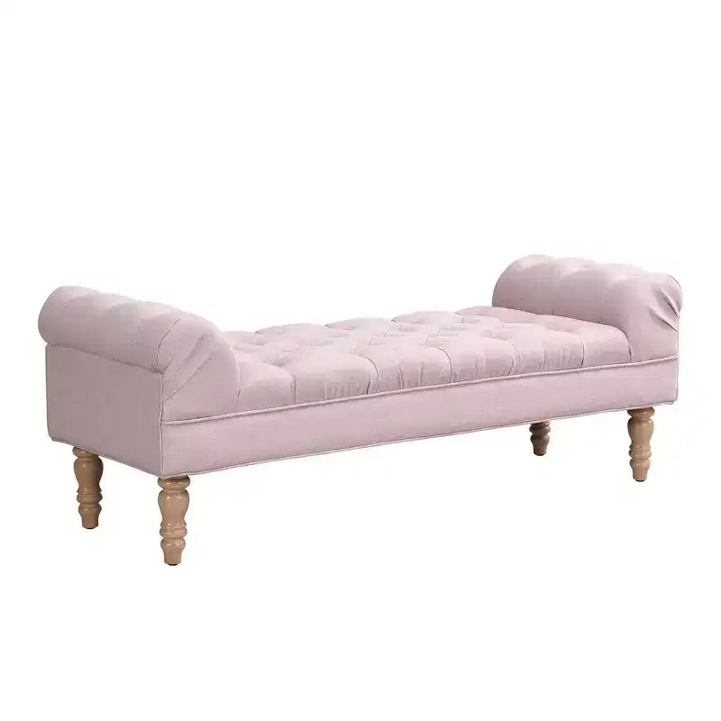 Upholstered Ottoman Bench with Tufted Fabric, Rolled Arms, Gourd Legs and Premium Foam, Easy Assembly