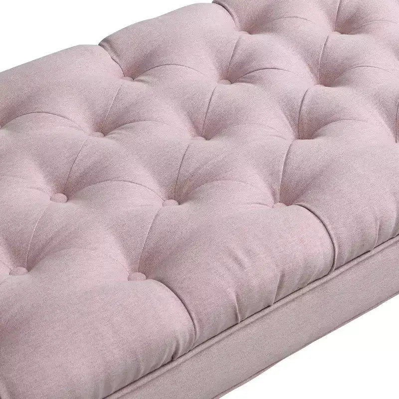 Upholstered Ottoman Bench with Tufted Fabric, Rolled Arms, Gourd Legs and Premium Foam, Easy Assembly
