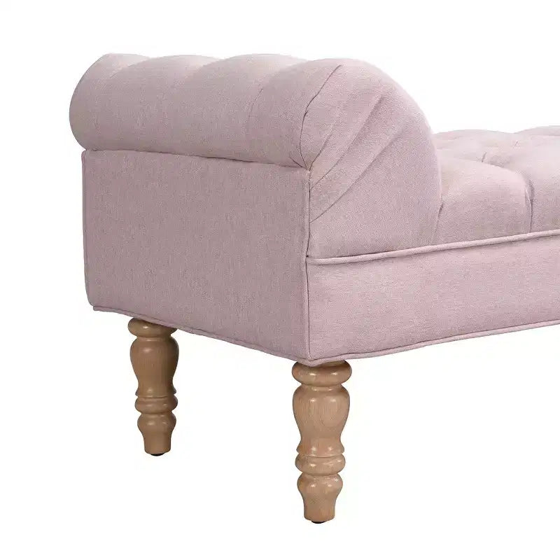 Upholstered Ottoman Bench with Tufted Fabric, Rolled Arms, Gourd Legs and Premium Foam, Easy Assembly