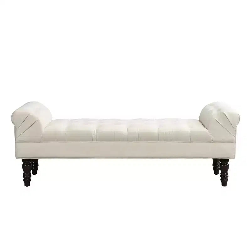 Upholstered Ottoman Bench with Tufted Fabric, Rolled Arms, Gourd Legs and Premium Foam, Easy Assembly