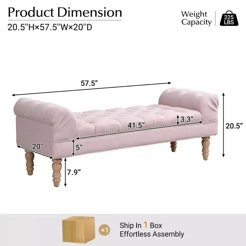 Upholstered Ottoman Bench with Tufted Fabric, Rolled Arms, Gourd Legs and Premium Foam, Easy Assembly