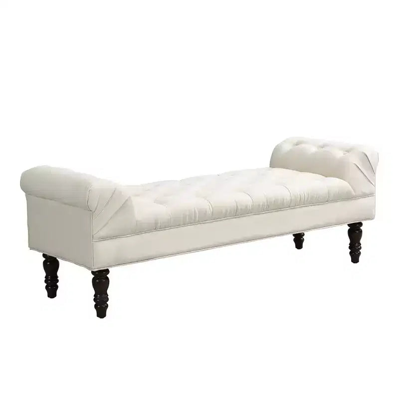 Upholstered Ottoman Bench with Tufted Fabric, Rolled Arms, Gourd Legs and Premium Foam, Easy Assembly