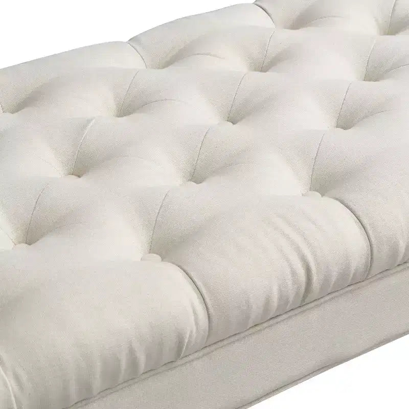 Upholstered Ottoman Bench with Tufted Fabric, Rolled Arms, Gourd Legs and Premium Foam, Easy Assembly
