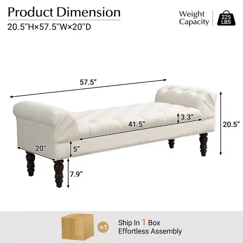 Upholstered Ottoman Bench with Tufted Fabric, Rolled Arms, Gourd Legs and Premium Foam, Easy Assembly