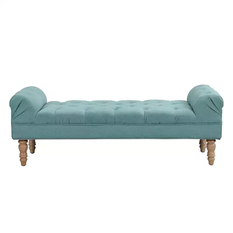 Upholstered Ottoman Bench with Tufted Fabric, Rolled Arms, Gourd Legs and Premium Foam, Easy Assembly