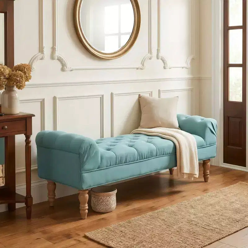 Upholstered Ottoman Bench with Tufted Fabric, Rolled Arms, Gourd Legs and Premium Foam, Easy Assembly