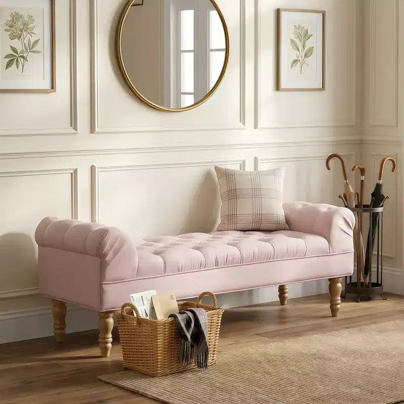 Upholstered Ottoman Bench with Tufted Fabric, Rolled Arms, Gourd Legs and Premium Foam, Easy Assembly