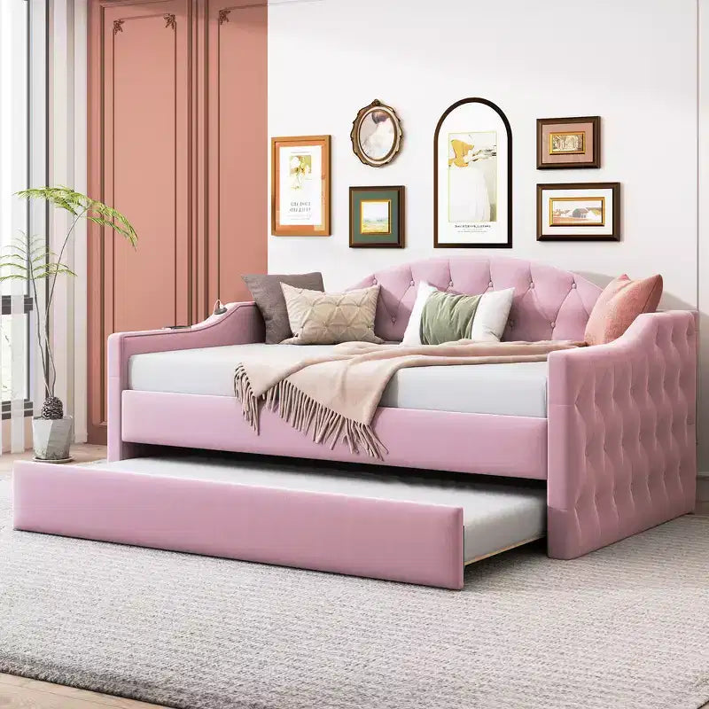 Twin Upholstered Daybed with Trundle, Tufted Velvet Sofa Bed with USB Charging Ports