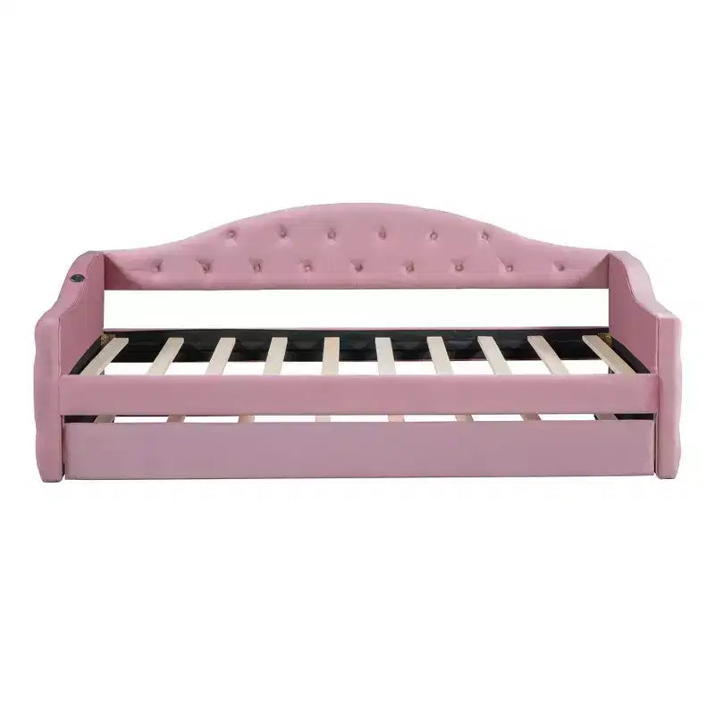 Twin Upholstered Daybed with Trundle, Tufted Velvet Sofa Bed with USB Charging Ports